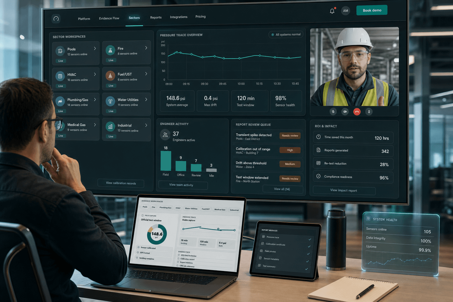 Futuristic GaugeTrace operations dashboard showing multi-sector pressure traces, engineer activity, report queue, and ROI panels.