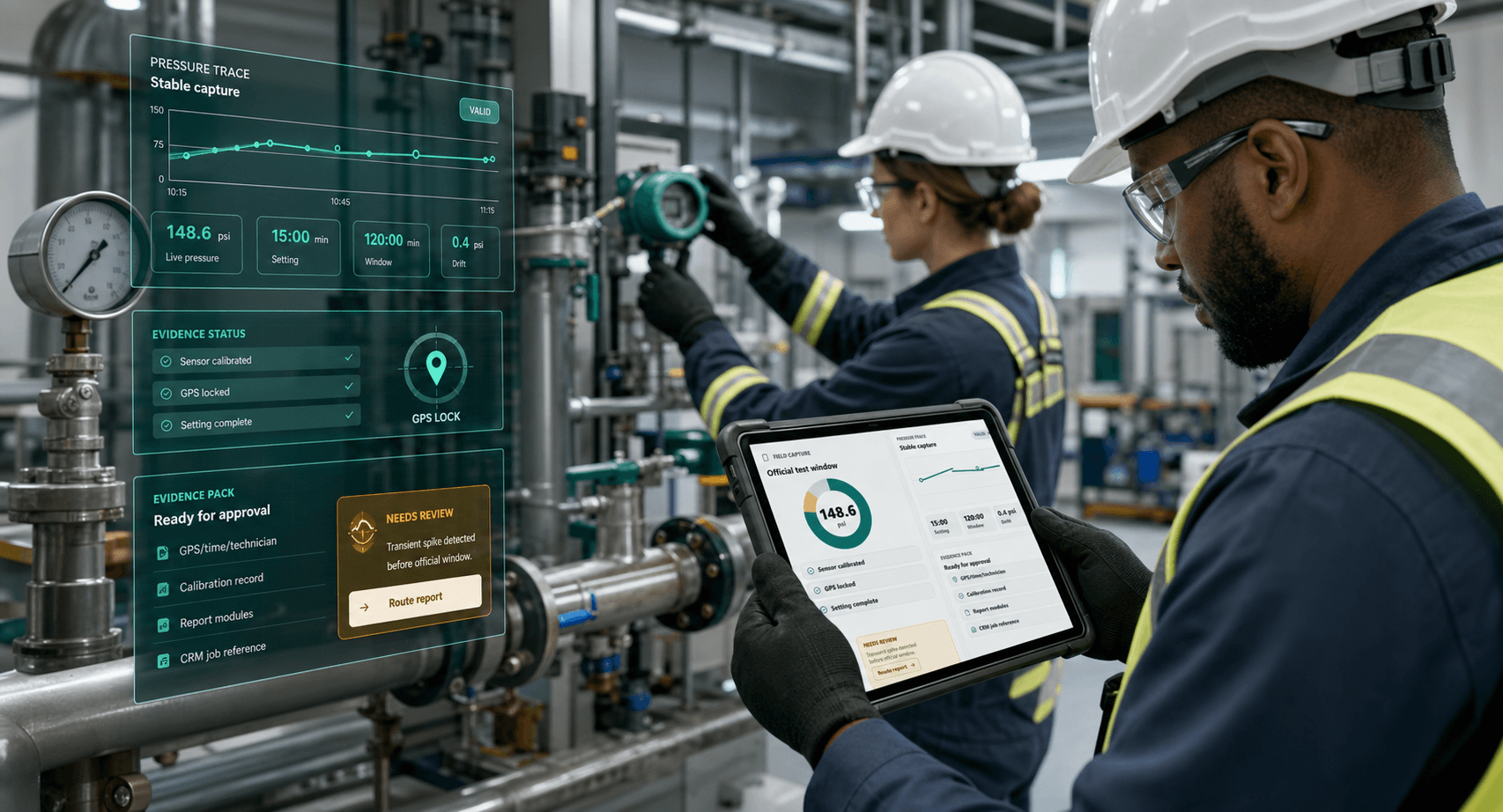 Futuristic field engineers using GaugeTrace on a rugged tablet beside industrial pipework and pressure-test evidence overlays.