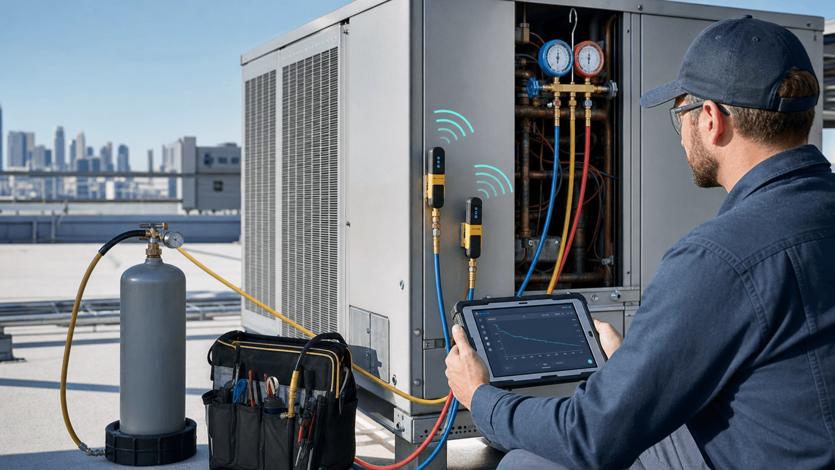 HVAC and refrigeration pressure and vacuum test evidence with gauge readings, equipment details, and jobsite photos