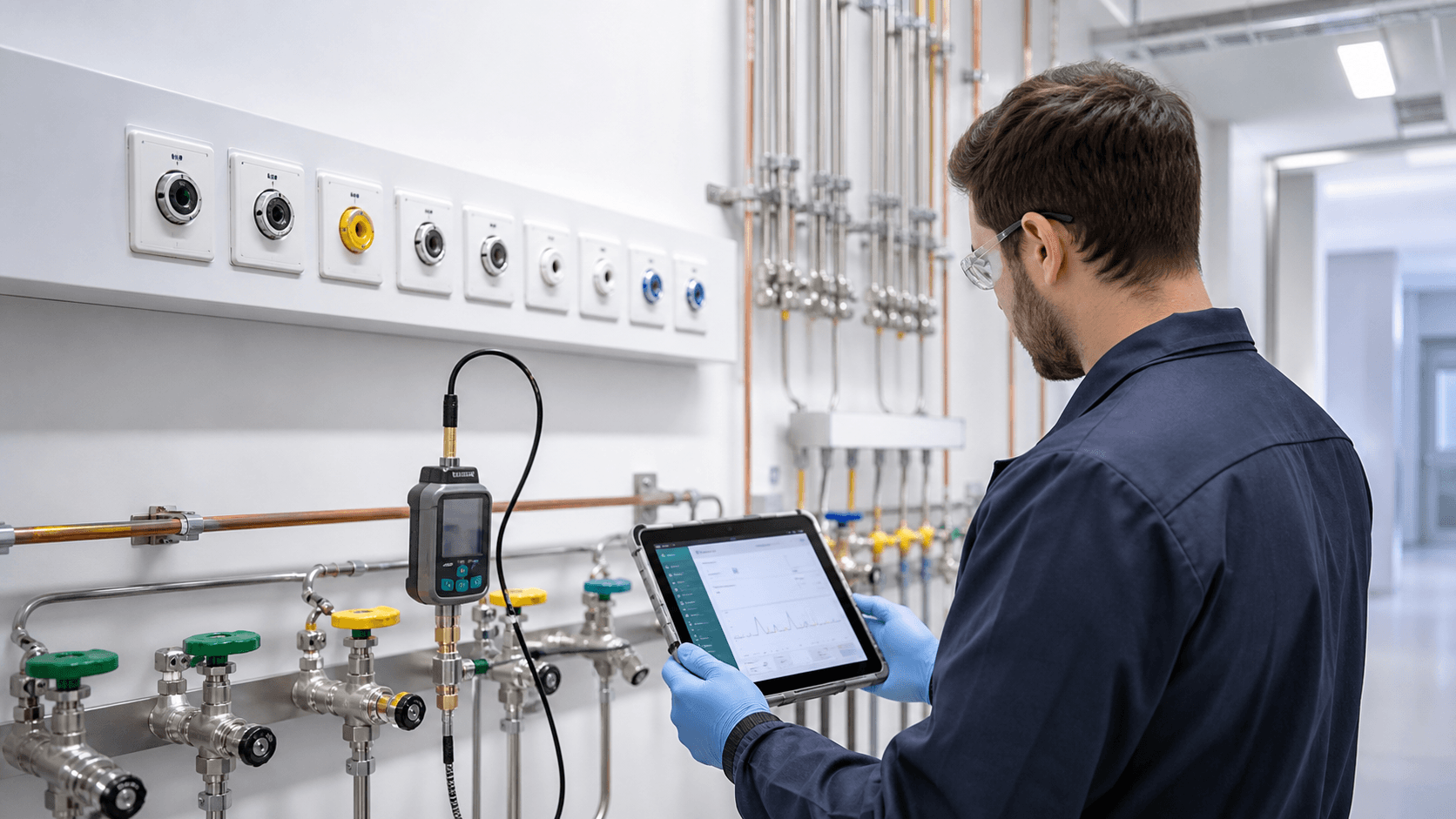 Medical gas zone and manifold pressure verification evidence with gauge reading, gas type, room record, and sign-off