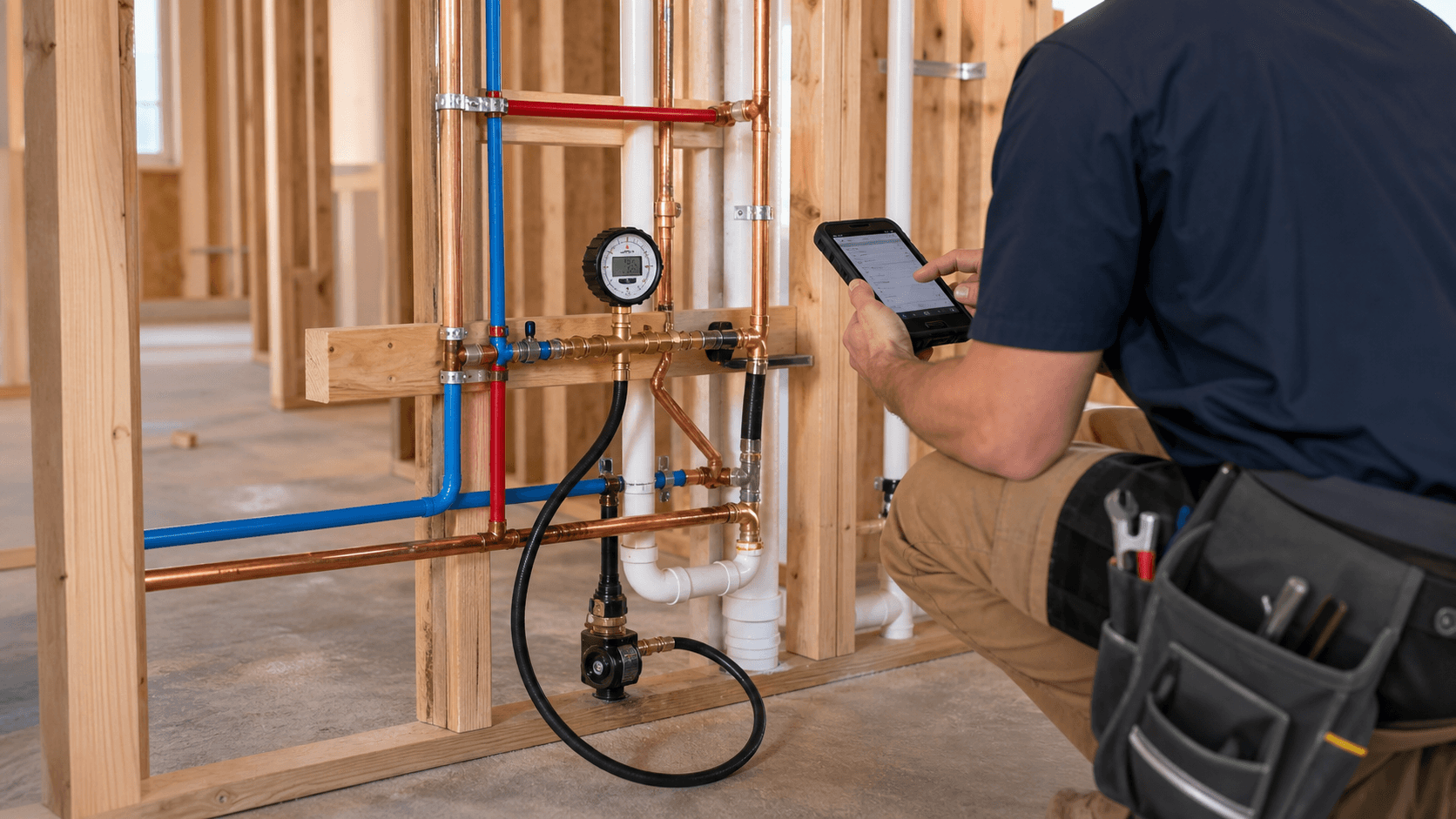 Construction plumbing rough-in pressure-test evidence with gauge reading, pipes, and jobsite photos
