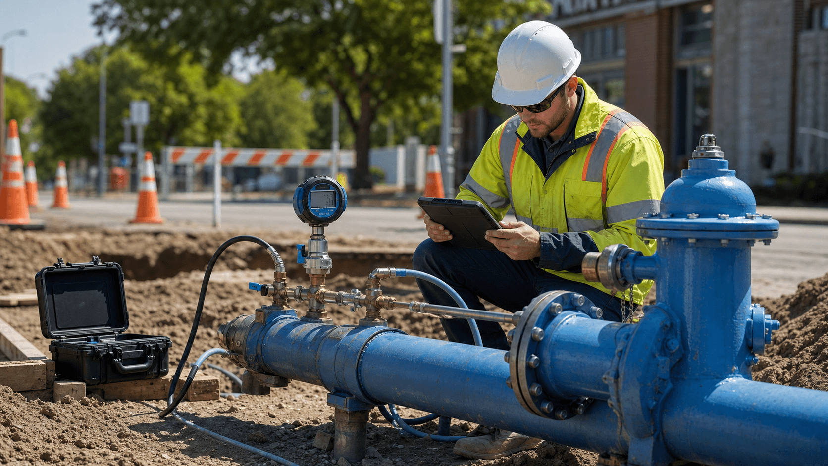 Water main pressure-test evidence with calibrated pressure logger, service lateral photos, GPS location, and asset ID